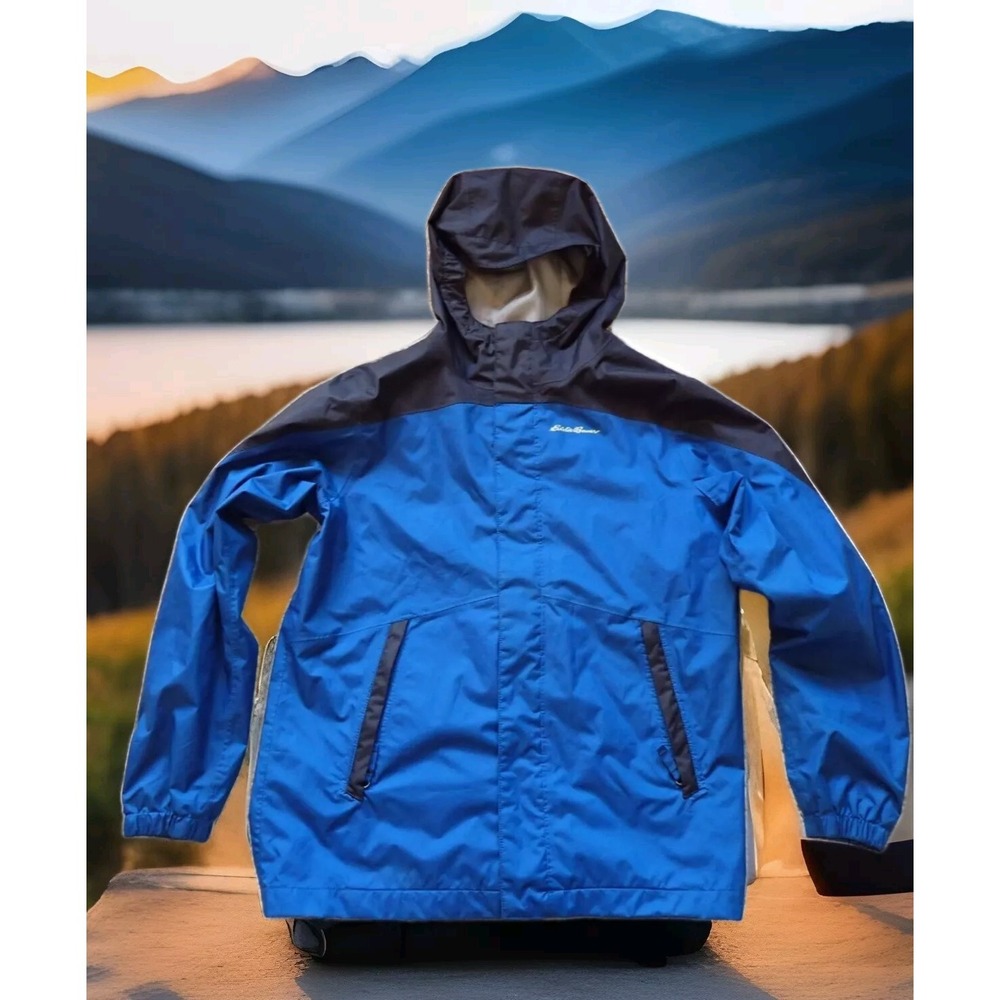 Eddie Bauer Rain Jacket Kids L 14-16 Blue Good Hooded Ripstop Shell